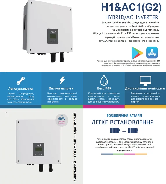Гібридний інвертор Fox ESS H1-4.6-E (4,6 кВт, 1 фаза, HV АКБ)