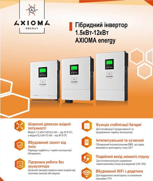 Гібридний інвертор Axioma Energy ISMPPT-BF-GW-6200 (6,2 кВт, 1 фаза, АКБ 48 В), фото 2