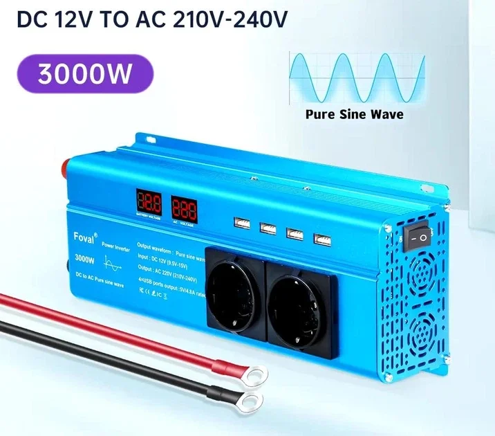 Автомобильный инвертор Foval 2200W 12V (12 В → 230 В, 1100 Вт, чистая синусоида)