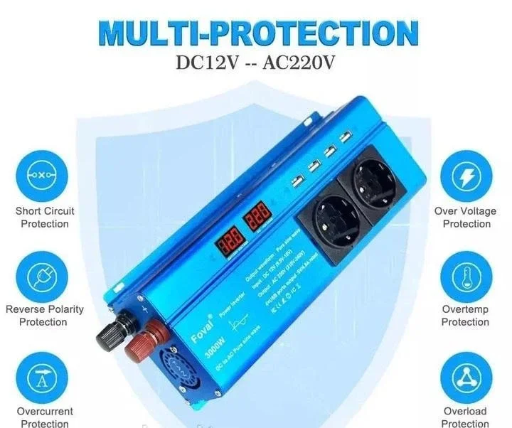 Автомобильный инвертор Foval 3000W 12V (12 В → 230 В, 1500 Вт, чистая синусоида), фото 2